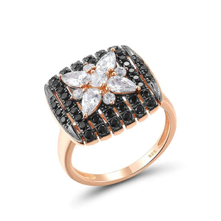 Black Spinel & Created Diamond Flower Ring