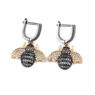 Micro Pave Diamond Golden Bee Dangle Earrings