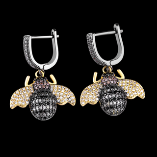 Micro Pave Diamond Golden Bee Dangle Earrings