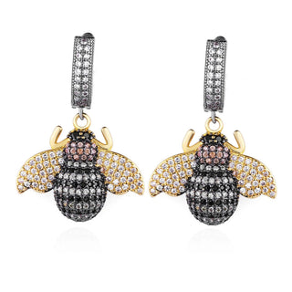 Micro Pave Diamond Golden Bee Dangle Earrings