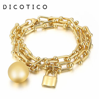 Fashion Women Wrist U Shape Chain Bracelet Ball Lock Silver Color Stainless Steel Gold Copper Bangles For Women Jewelry Gift
