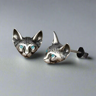 Blue Eyes Sphynx Cat Punk Stud Earrings