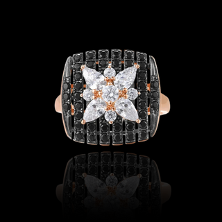 Black Spinel & Created Diamond Flower Ring