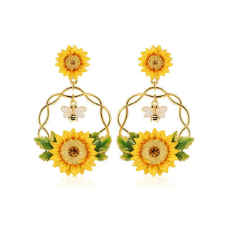 Enamel Diamond Bee and Sunflower Earrings