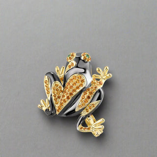 Yellow Nano Crystal Black Enamel Frog Brooch