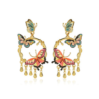 Enamel Butterfly Tassel Earrings