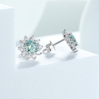 1.0 ct Blue-Green Diamond Flower Stud Earrings Evani Naomi Jewelry