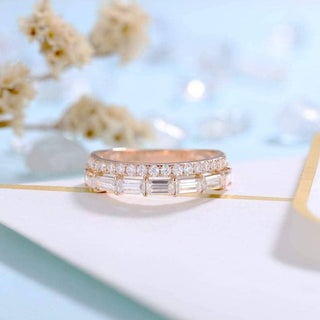 14K Rose Gold Baguette and Round Moissanite Wedding Band Evani Naomi Jewelry
