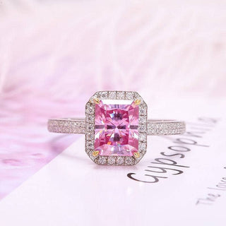 3.0ct Pink Emerald Cut Moissanite Halo Engagement Ring Evani Naomi Jewelry
