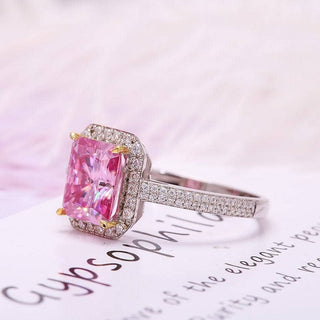3.0ct Pink Emerald Cut Moissanite Halo Engagement Ring Evani Naomi Jewelry
