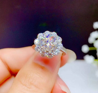 3ct Round Cut Crackling Moissanite Flower Halo Engagement Ring Evani Naomi Jewelry
