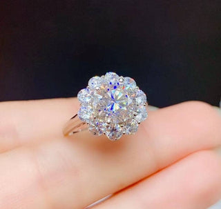 3ct Round Cut Crackling Moissanite Flower Halo Engagement Ring Evani Naomi Jewelry