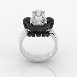 My Ever After Gothic Promise Rings in 14k Gold Coffin Cut with Skulls, Bat and Roses Moissanite-Evani Naomi Jewelry