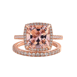 Rose Gold Halo Cushion Cut Peachy Pink Stone Wedding Ring Set