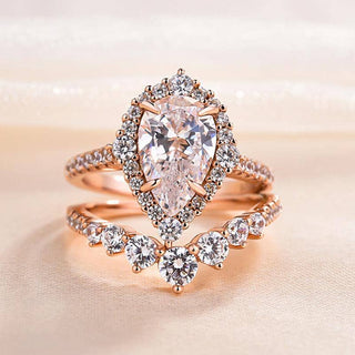 Elegant Pear Cut 2.2 Carat Halo Rose Gold Bridal Ring Set