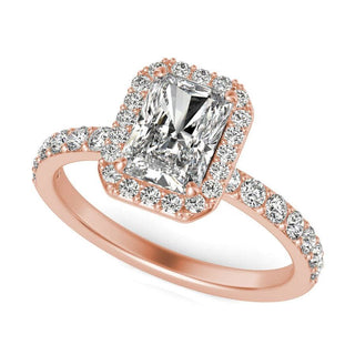 Elongated Classic Rose Gold Halo Radiant Cut Engagement Ring Evani Naomi Jewelry