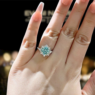 Halo Round Cut Cyan Blue Engagement Ring