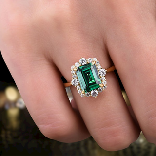 Halo Emerald Cut Yellow Gold Diamond Engagement Ring