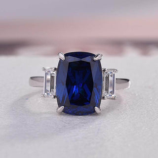 Flash Sale- 5.0 ct Three Stone Cushion Cut Blue Sapphire Engagement Ring Evani Naomi Jewelry