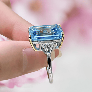 Flash Sale- Three Stone Sky Blue Created Diamond in Emerald Cut Engagement Ring Evani Naomi Jewelry