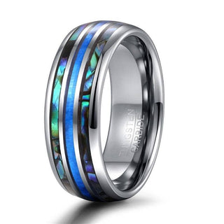 Men's Grooved Opal Tungsten Wedding Band with Abalone Shell Evani Naomi Jewelry
