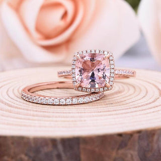 Rose Gold Halo Cushion Cut Peachy Pink Stone Wedding Ring Set Evani Naomi Jewelry