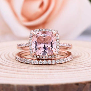 Rose Gold Halo Cushion Cut Peachy Pink Stone Wedding Ring Set Evani Naomi Jewelry