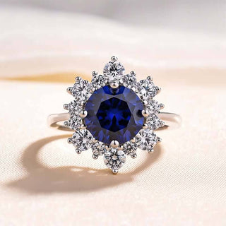 Round Cut Blue Sapphire Snowflake Design Engagement Ring
