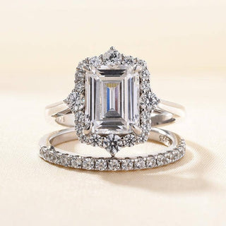 Unique Halo Emerald Cut Wedding Ring Set Evani Naomi Jewelry