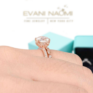 14k Rose Gold 2ct 7.5mm Cushion Cut Moissanite Bridal Ring Set - Evani Naomi Jewelry